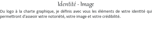 Identité - Image Du logo à la charte graphique, je définis avec vous les éléments de votre identité qui permettront d'asseoir votre notoriété, votre image et votre crédibilité.
